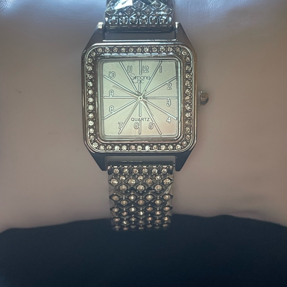 Simone Chic Silver Crystal Watch Square Face Rhinestone Bracelet Quartz Women’s